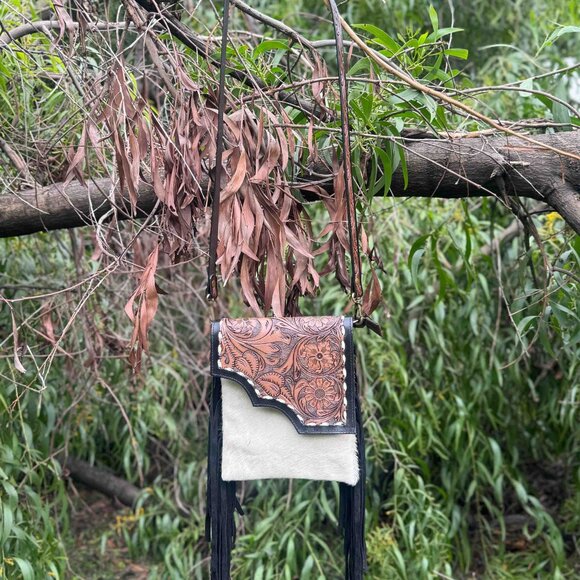 Genuine Hair On Cowhide Purse, Hand Tooled Leather Bag, Western Leather Shoulder - Picture 1 of 7